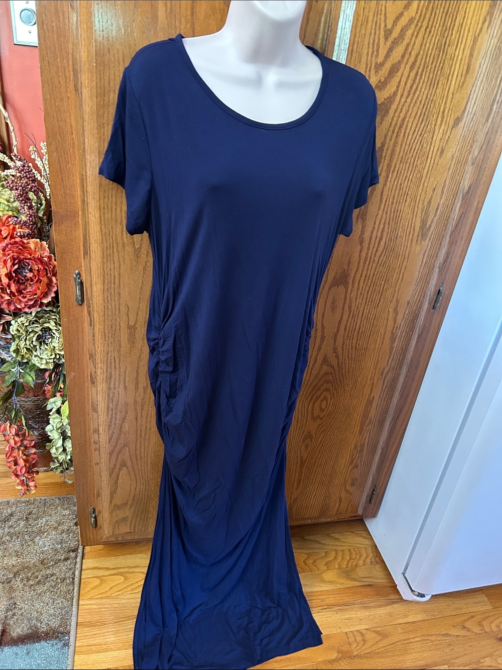 Women’s Navy Short-Sleeve Maxi Dress with Side Ruching